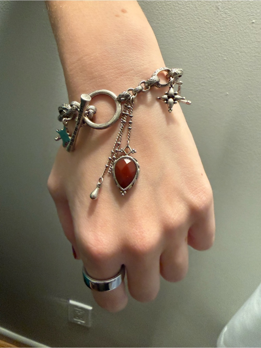 Lucky Brand Silver-Tone Charm Bracelet with Red Teardrop